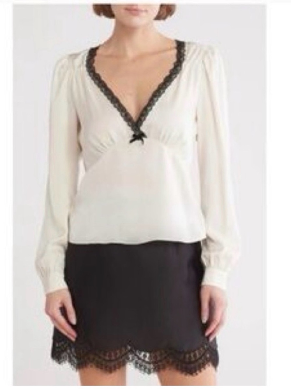 WAYF cream blouse with black lace trim, size Medium